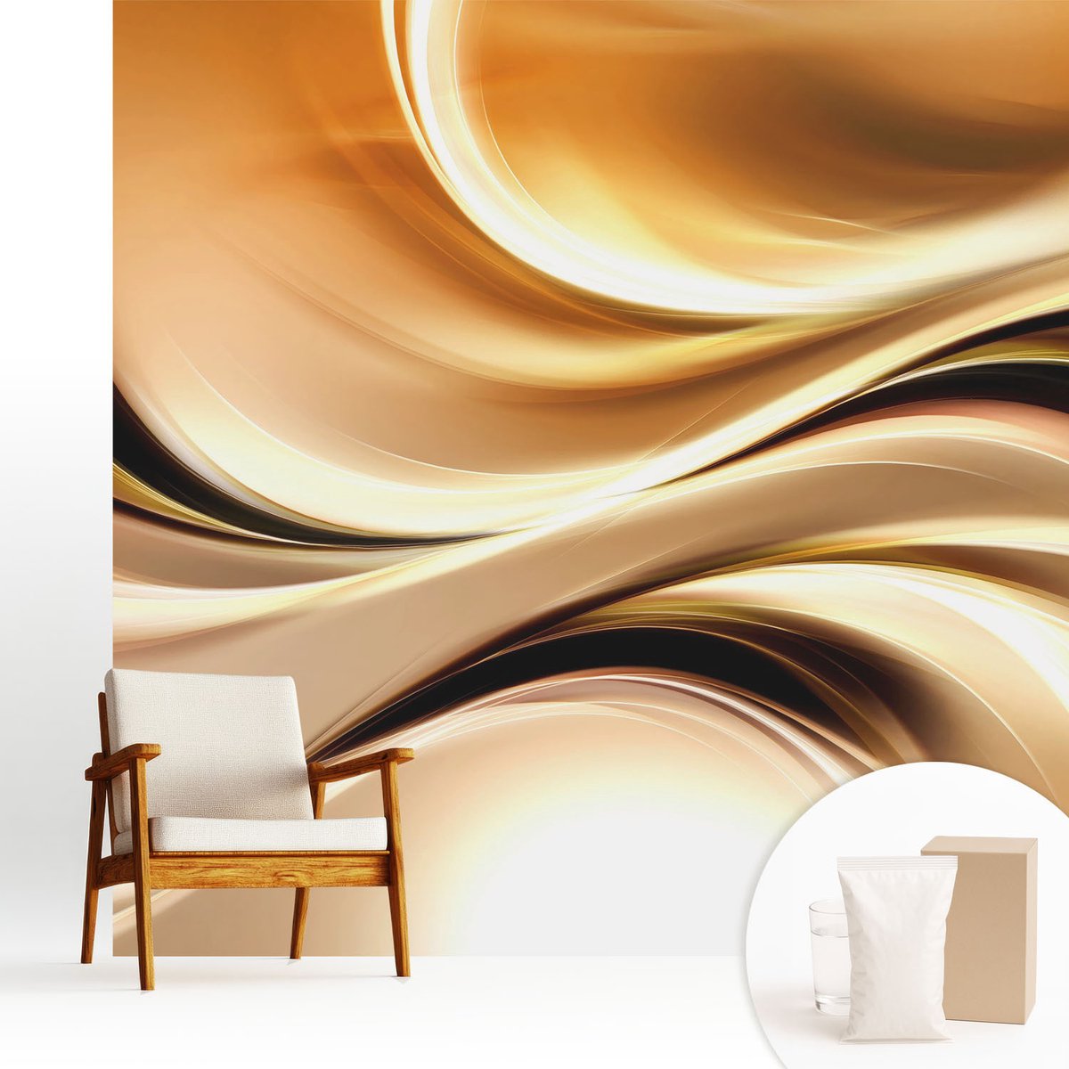 Wallfluent Fotobehang - Beige Vliesbehang - 250x250 cm - Vloeistofleidingen Muurschildering - Slaapkamer behang Abstractie - Fotobehang Vlies - Slaapkamer behang