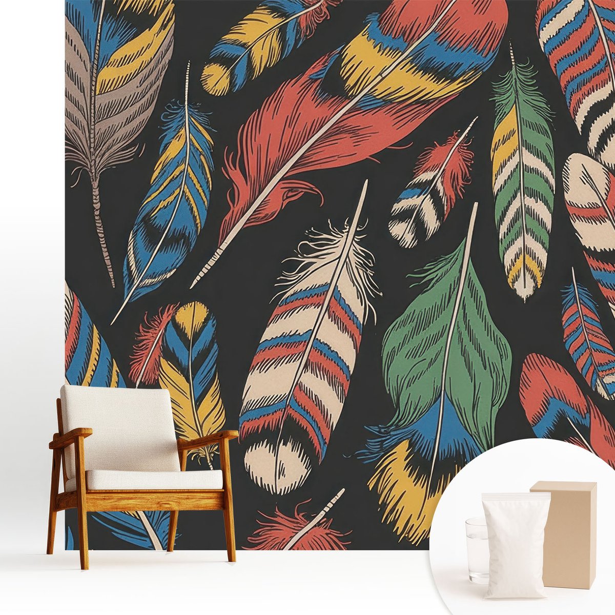 Wallfluent Fotobehang - Blauw Vliesbehang - 250x250 cm - Kleurrijke Veren Fotobehang Vlies - Woonkamer behang Achtergronden En Patronen - Muurschildering - Hal behang