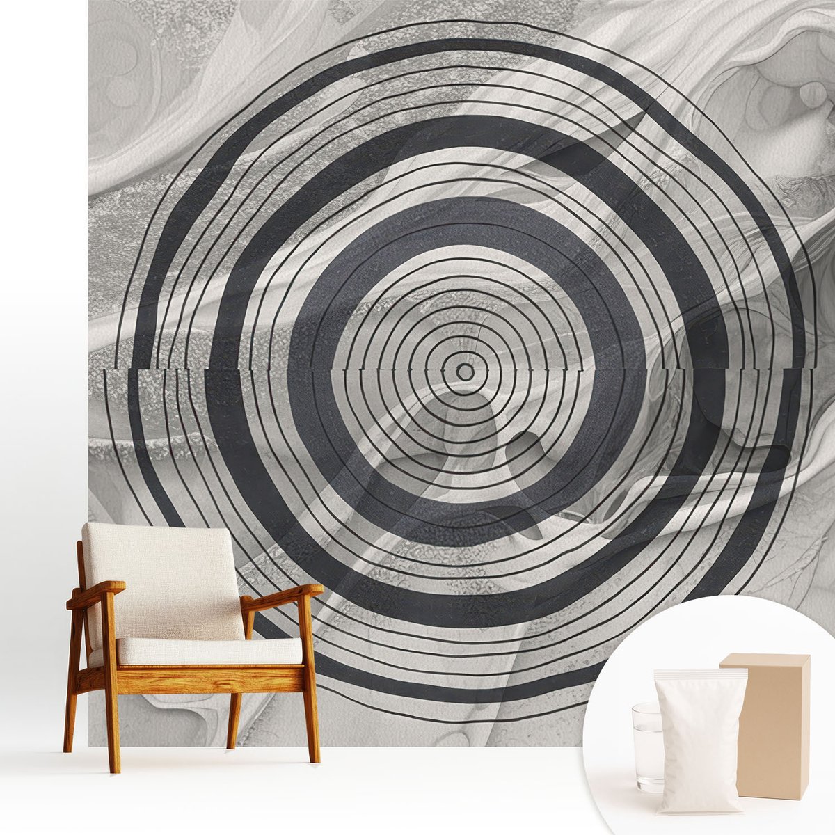 Wallfluent Fotobehang - Zwart-Wit Vliesbehang - 250x250 cm - Grijze Cirkels Fotobehang Vlies - Woonkamer behang Abstractie - Muurschildering - Hal behang