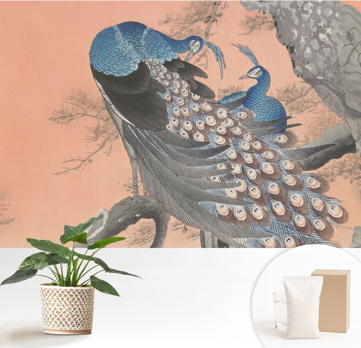 Wallfluent Fotobehang - Oranje Vliesbehang - 152x104 cm - Pauwenelegantie Muurschildering - Gang behang Dieren - Fotobehang Vlies - Slaapkamer behang