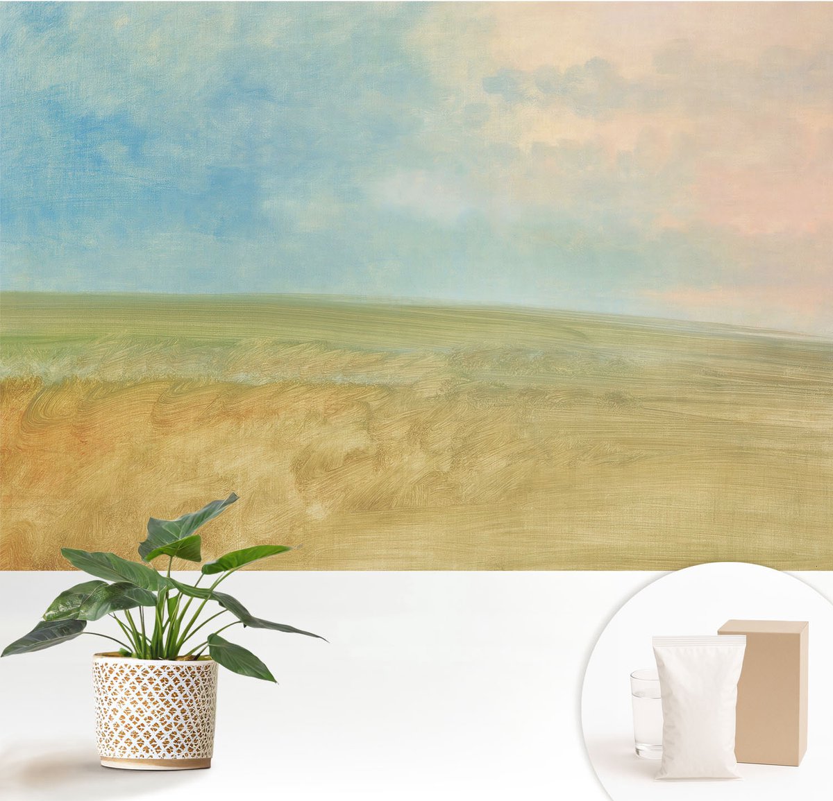 Wallfluent Fotobehang - Blauw Vliesbehang - 152x104 cm - Pastelkleurige Velden Fotobehang Vlies - Hal behang Landschappen - Muurschildering - Woonkamer behang