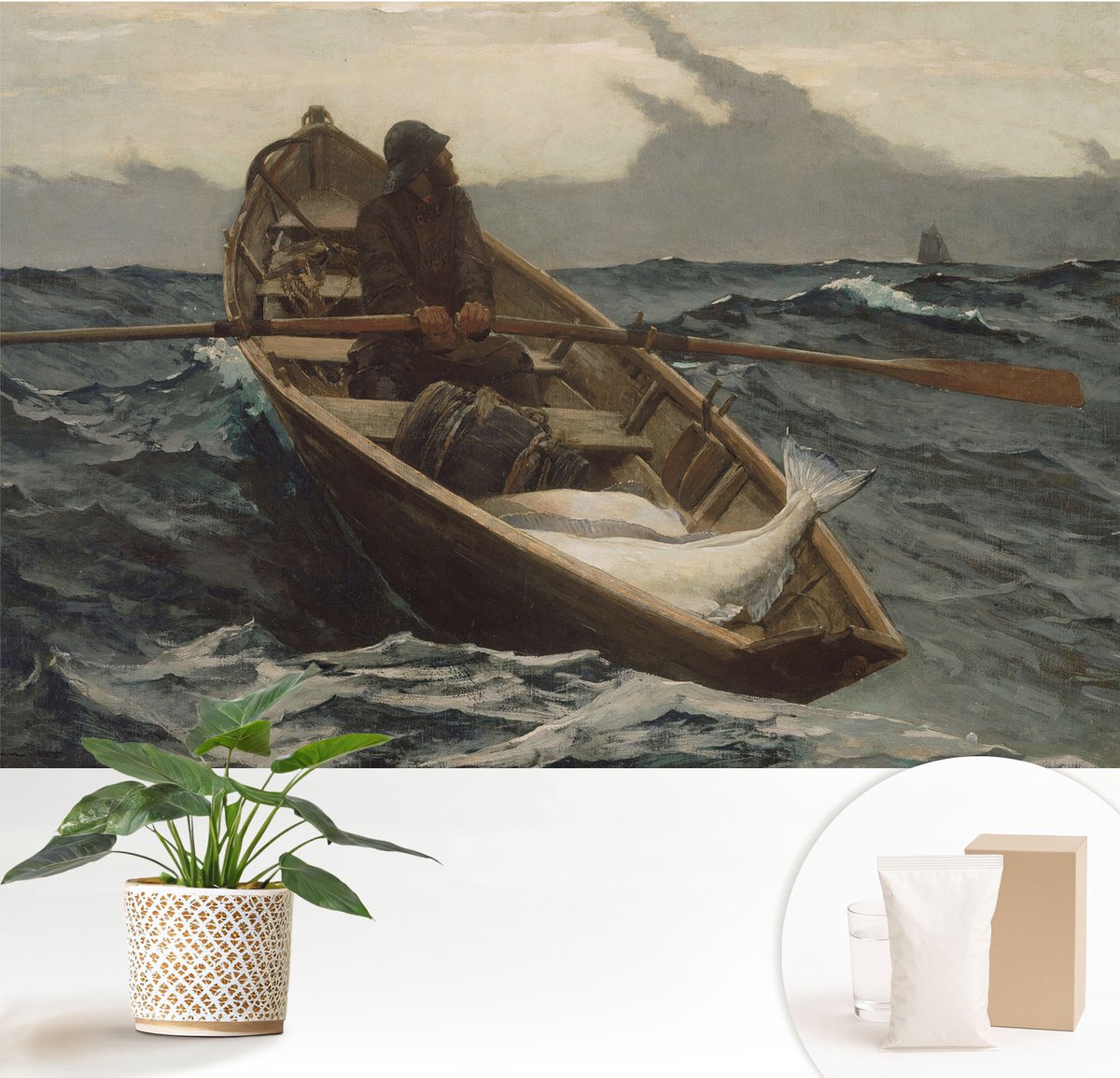 Wallfluent Fotobehang - Grijs Vliesbehang - 152x104 cm - Visser Op Zee Muurschildering - Gang behang Landschappen - Fotobehang Vlies - Gang behang