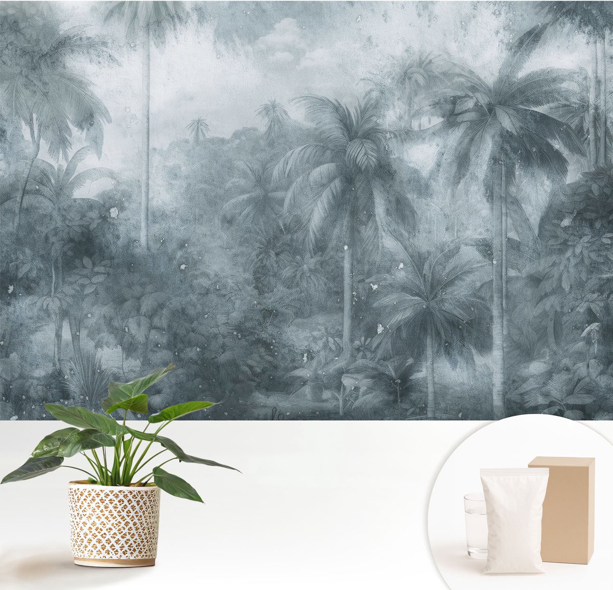 Wallfluent Fotobehang - Grijs Vliesbehang - 152x104 cm - Tropische Vegetatie Muurschildering - Slaapkamer behang Bloemen En Planten - Fotobehang Vlies - Slaapkamer behang