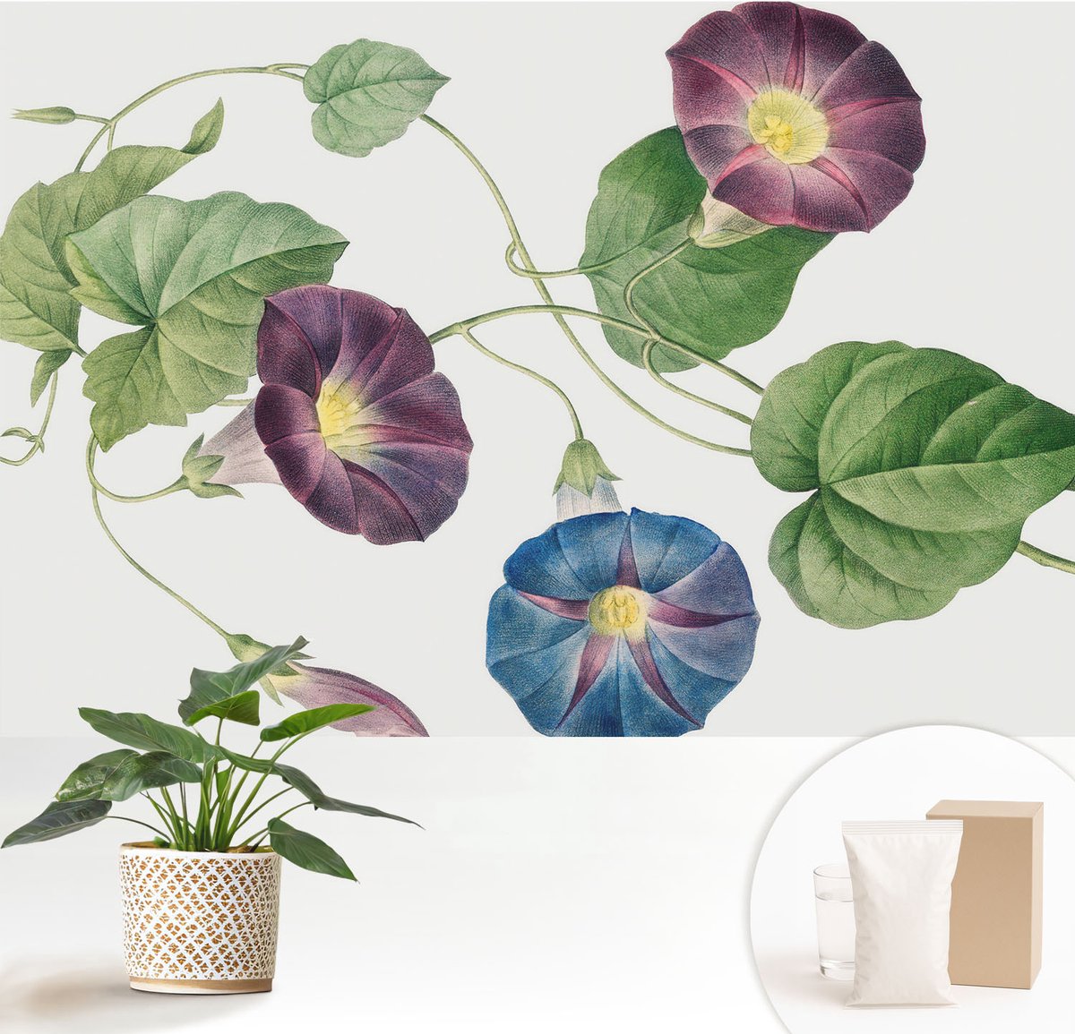 Wallfluent Fotobehang - Zwart Vliesbehang - 152x104 cm - Bloemrijke Elegantie Fotobehang Vlies - Hal behang Bloemen En Planten - Muurschildering - Woonkamer behang