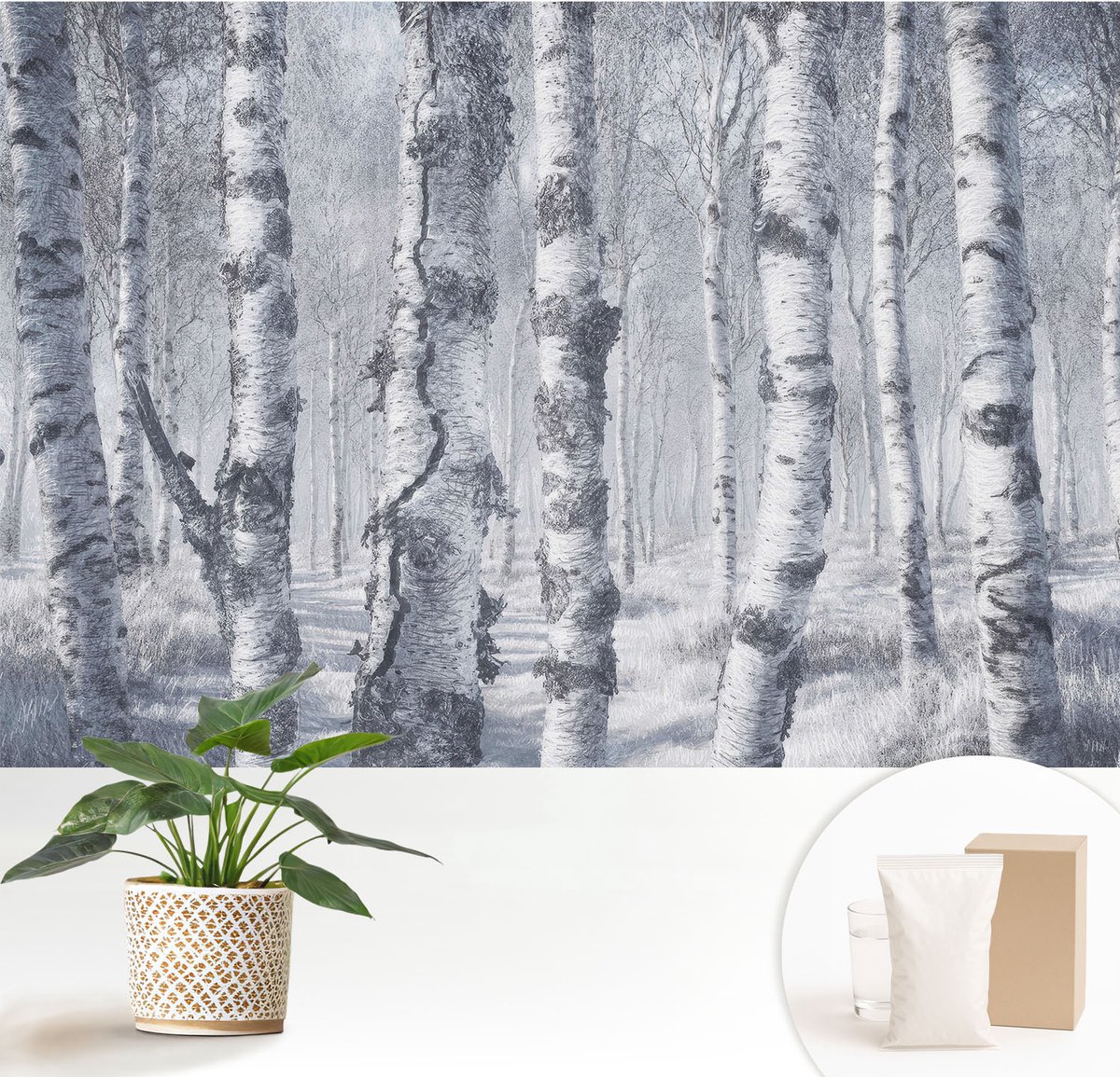 Wallfluent Fotobehang - Grijs Vliesbehang - 152x104 cm - Vorstige Natuur Muurschildering - Slaapkamer behang Landschappen - Fotobehang Vlies - Slaapkamer behang