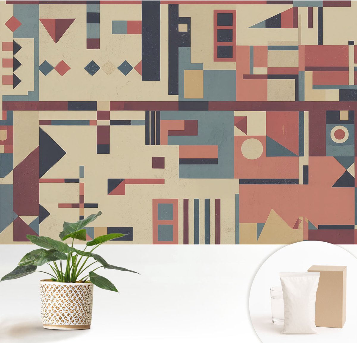Wallfluent Fotobehang - Beige Vliesbehang - 152x104 cm - Abstracte Compositie Fotobehang Vlies - Woonkamer behang Geometrie - Muurschildering - Woonkamer behang