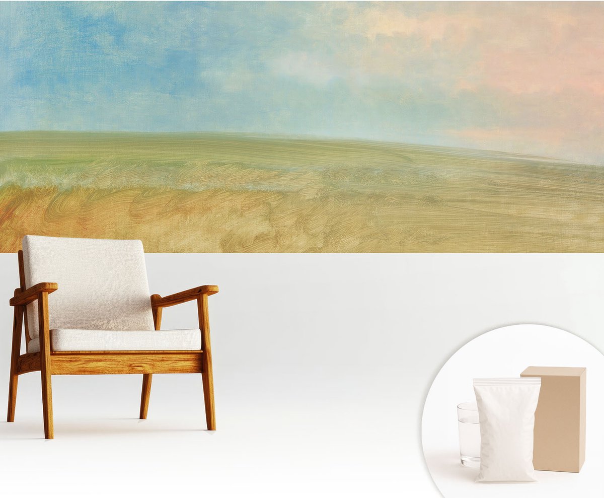 Wallfluent Fotobehang - Blauw Vliesbehang - 250x104 cm - Pastelkleurige Velden Fotobehang Vlies - Woonkamer behang Landschappen - Muurschildering - Woonkamer behang