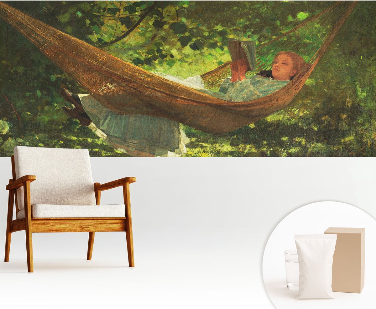 Wallfluent Fotobehang - Groente Vliesbehang - 250x104 cm - Ontspannen In Een Hangmat Muurschildering - Slaapkamer behang Bloemen En Planten - Fotobehang Vlies - Slaapkamer behang