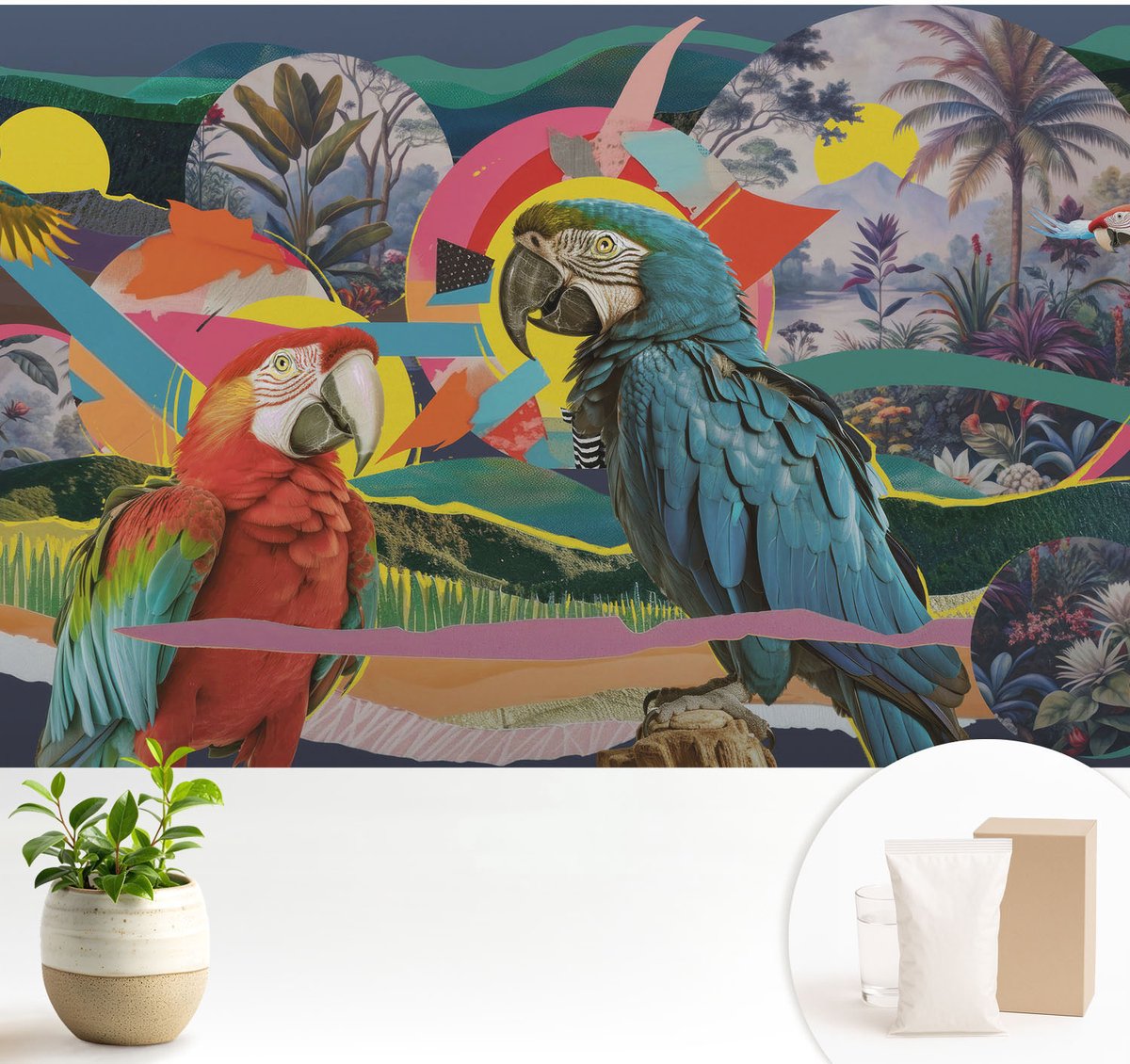Wallfluent Fotobehang - Blauw Vliesbehang - 104x70 cm - Exotische Vogels Muurschildering - Slaapkamer behang Dieren - Fotobehang Vlies - Gang behang