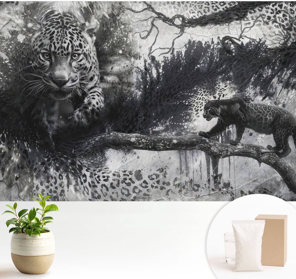 Wallfluent Fotobehang - Zwart-Wit Vliesbehang - 104x70 cm - Abstracte Luipaarden Fotobehang Vlies - Woonkamer behang Dieren - Muurschildering - Hal behang