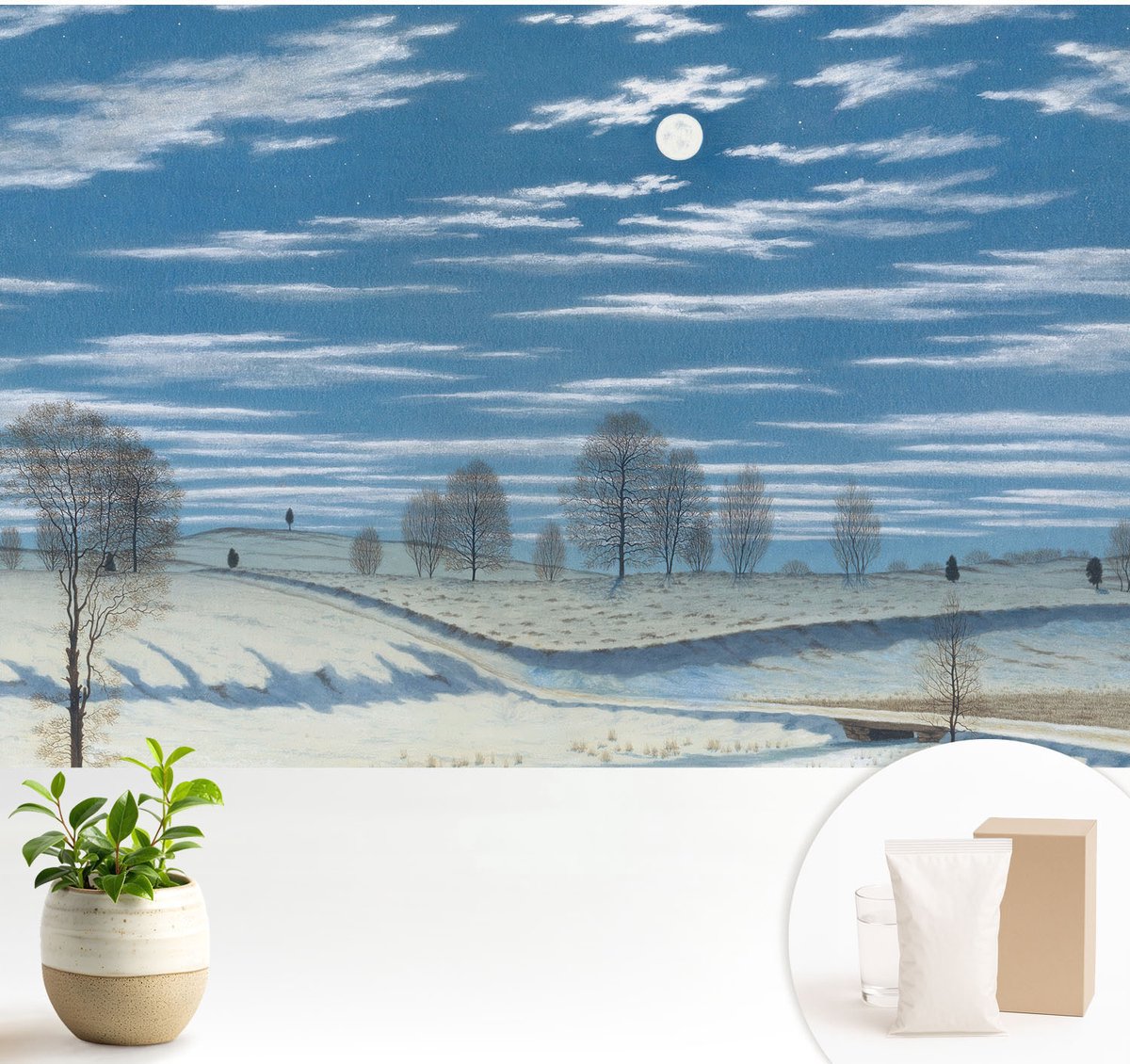 Wallfluent Fotobehang - Blauw Vliesbehang - 104x70 cm - Winterlandschap Fotobehang Vlies - Hal behang Landschappen - Muurschildering - Woonkamer behang