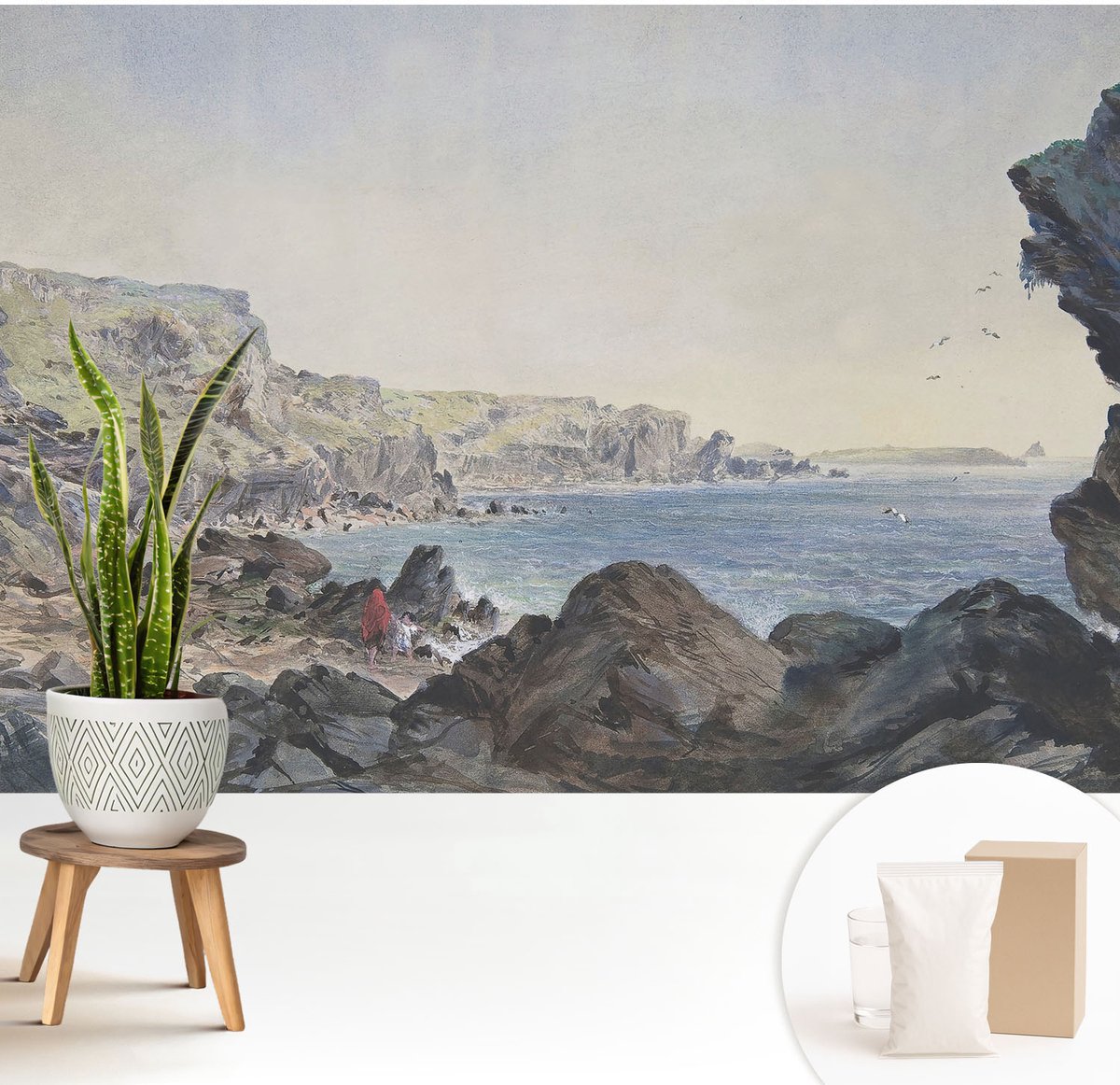 Wallfluent Fotobehang - Grijs Vliesbehang - 208x146 cm - Een Rustige Kust Fotobehang Vlies - Hal behang Landschappen - Muurschildering - Hal behang