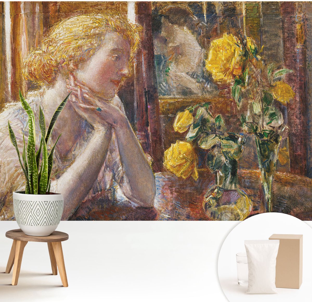 Wallfluent Fotobehang - Geel Vliesbehang - 208x146 cm - Vrouw Met Rozen Fotobehang Vlies - Hal behang Deel - Muurschildering - Woonkamer behang