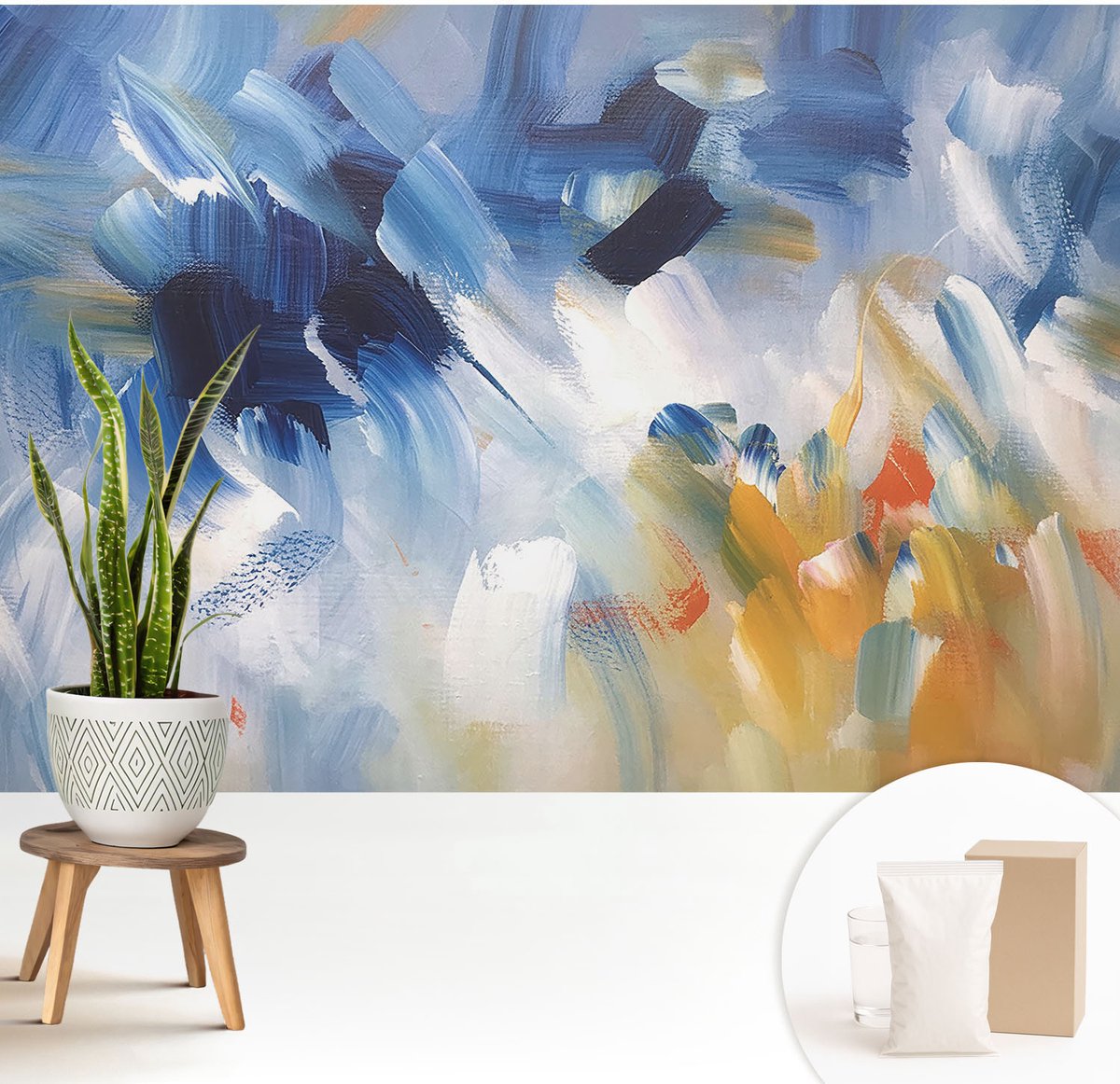 Wallfluent Fotobehang - Blauw Vliesbehang - 208x146 cm - Kleurrijke Penseelstreken Muurschildering - Slaapkamer behang Abstractie - Fotobehang Vlies - Gang behang