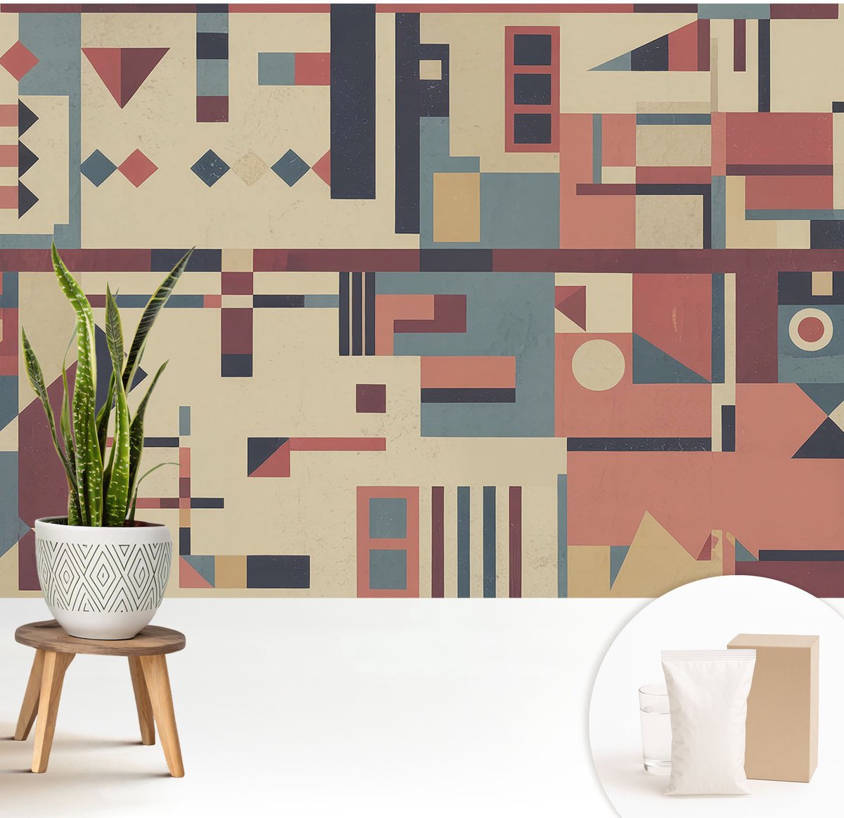 Wallfluent Fotobehang - Beige Vliesbehang - 208x146 cm - Abstracte Compositie Fotobehang Vlies - Woonkamer behang Geometrie - Muurschildering - Woonkamer behang