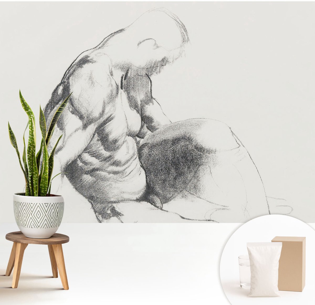 Wallfluent Fotobehang - Wit Vliesbehang - 208x146 cm - Mannelijke Schets Muurschildering - Gang behang Mensen - Fotobehang Vlies - Gang behang