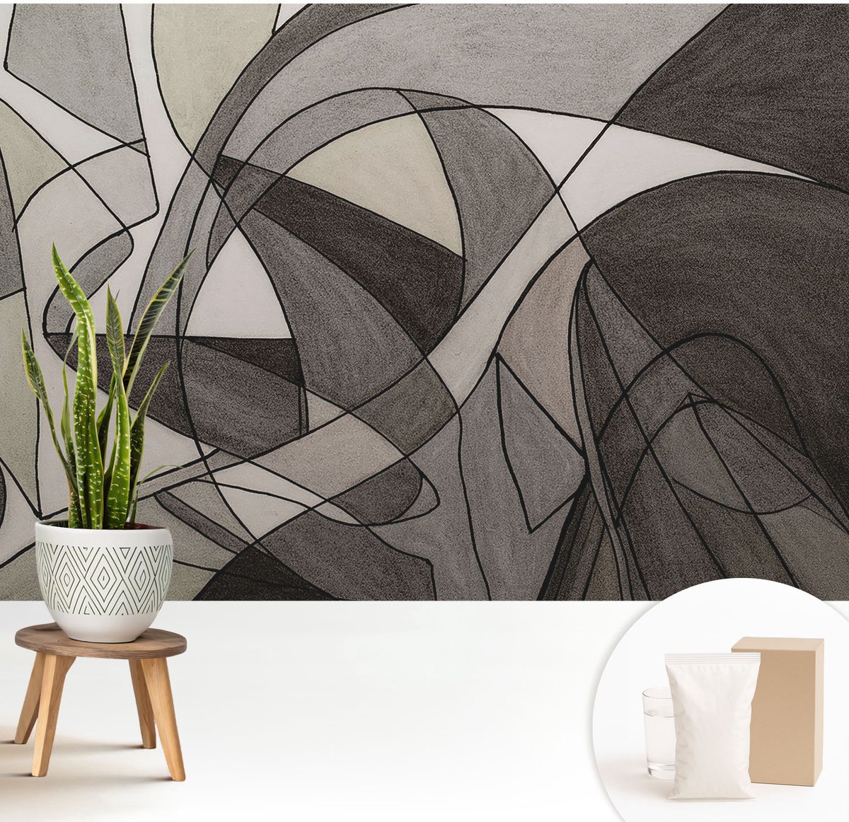 Wallfluent Fotobehang - Grijs Vliesbehang - 208x146 cm - Geometrische Abstractie Fotobehang Vlies - Hal behang Abstractie - Muurschildering - Hal behang
