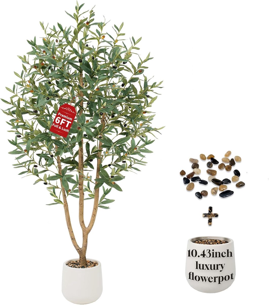 Kunstplanten met witte pot, 861 realistische bladeren en 41 levensechte olijven, kunstplanten, decoratie, ideaal voor kantoren, woon- en slaapkamers.