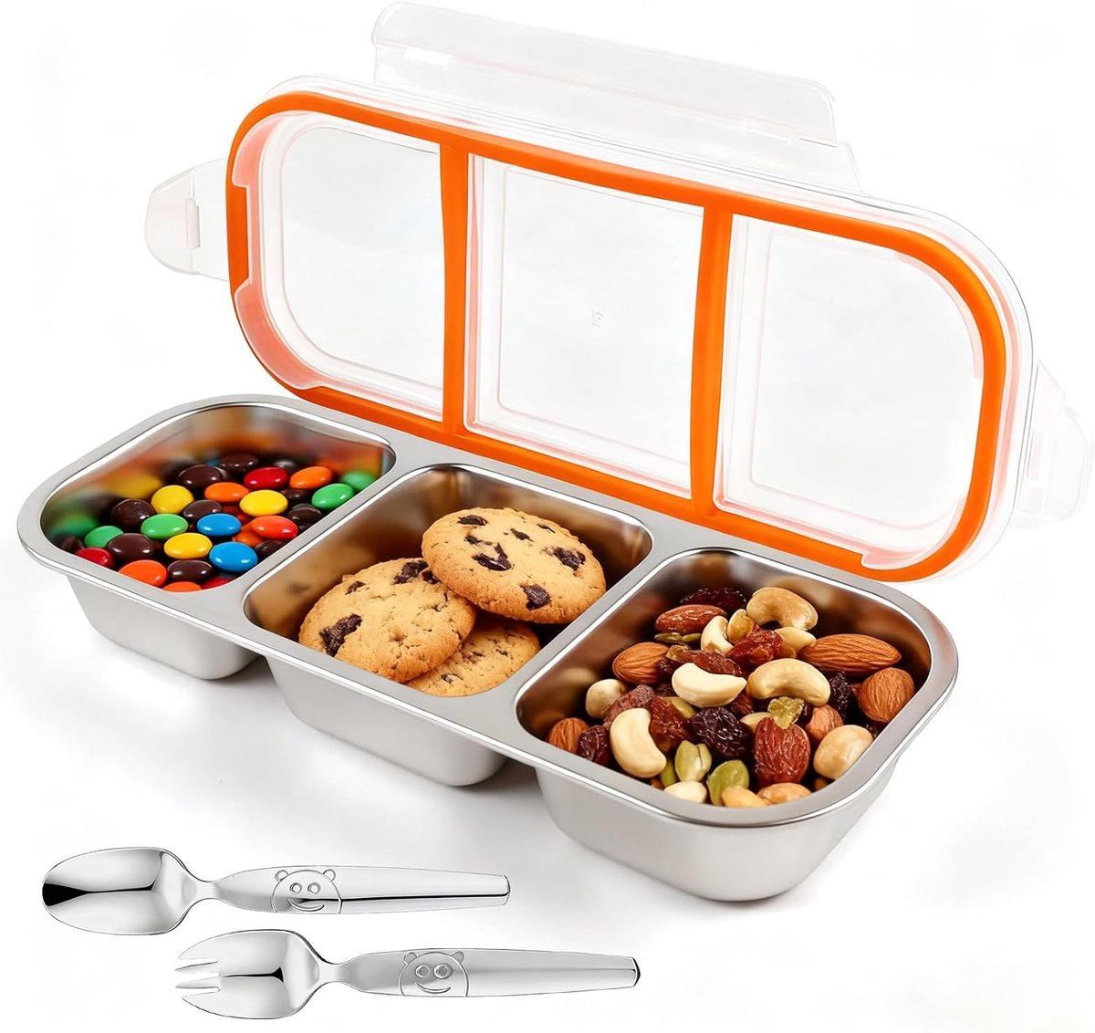 Snackbox met 3 vakken, roestvrij staal, incl. lepel en vork, 600 ml, lekvrije bento-box, lekvrije broodtrommel van metaal, maaltijdprepset voor school, werk, reizen, snacks, fruit