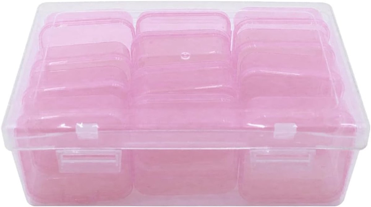 Plastic opbergdoos met 12 mini-bakjes, transparante sieradenorganizer, voor het maken van sieraden, doe-het-zelf knutselprojecten, draagbare organizer (roze)