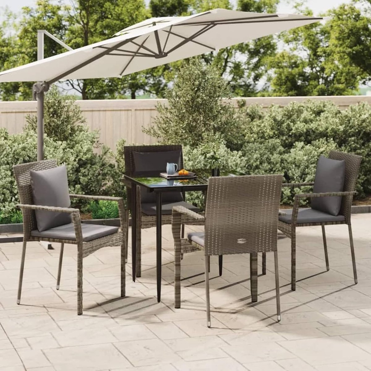 Tuin-eetkamerset, 5-delig, met kussens van synthetische rotan, eettafel, tuinstoelen voor buiten, tafellengte 80 cm, grijs