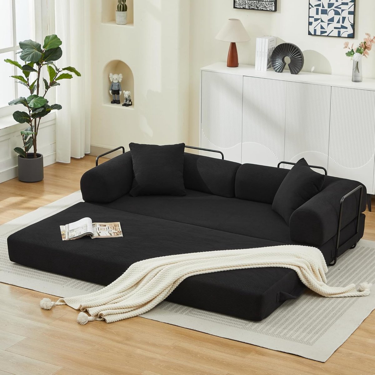 Zonder montage – opklapbankbed met corduroy, uitklapbare futon bank met schuimkern en 2 kussens, zwart (zwart, 3-zits)