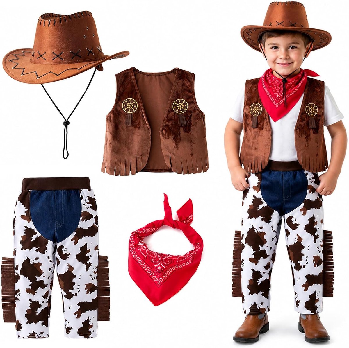 Cowboykostuum voor kinderen, 4-delige Western Cowboy cosplay-set met cowboyhoed, bandana, vest, broek, carnaval, Halloween, kostuum, cosplay, party, verkleedkleding voor jongens