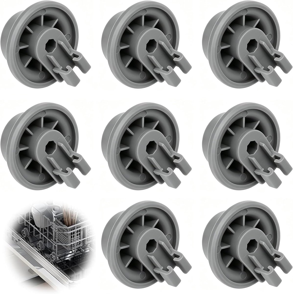 Wielen voor ondermand, 8 stuks, universeel, hoge weerstand, compatibel met Bosch & Siemens, snelle reparatie van de vaatwassermand, model 165314