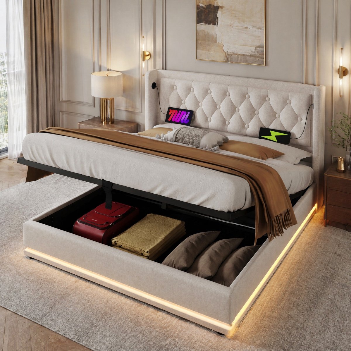 WUVRIE Tweepersoons opbergbed 160x200 cm met hydraulische lift, USB- en Type-C en LED-verlichting, beige