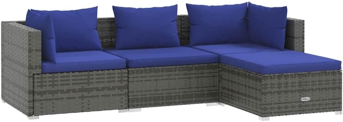 4-delige tuinmeubelset met kussens, polyrotan grijs, modulaire tuinbankset voor terras, waterdichte PE-rotan bank met dik gevoerde kussens