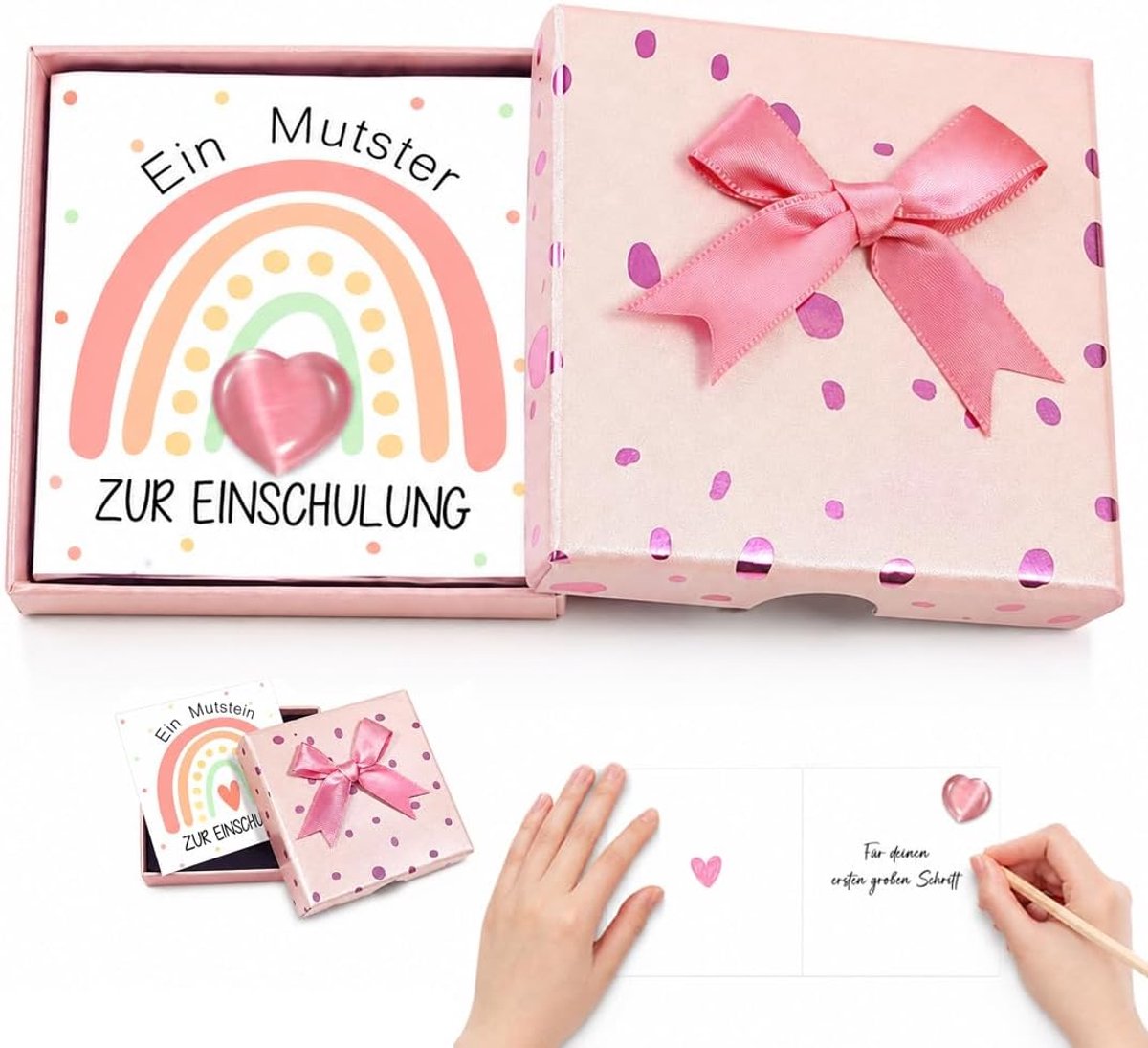 Cadeau voor meisjes die naar de basisschool gaan, hartvormige gelukssteen met kaartje en geschenkdoos, moedsteen voor de eerste schooldag, roze aandenken aan de eerste schooldag