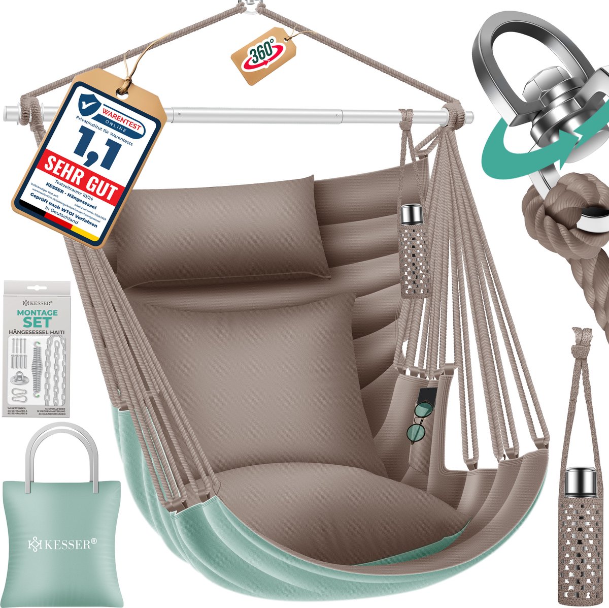 KESSER® Hangstoel Haiti - 360° draaibaar - 150 kg draagvermogen - Incl. 2 kussens - Groen/Taupe