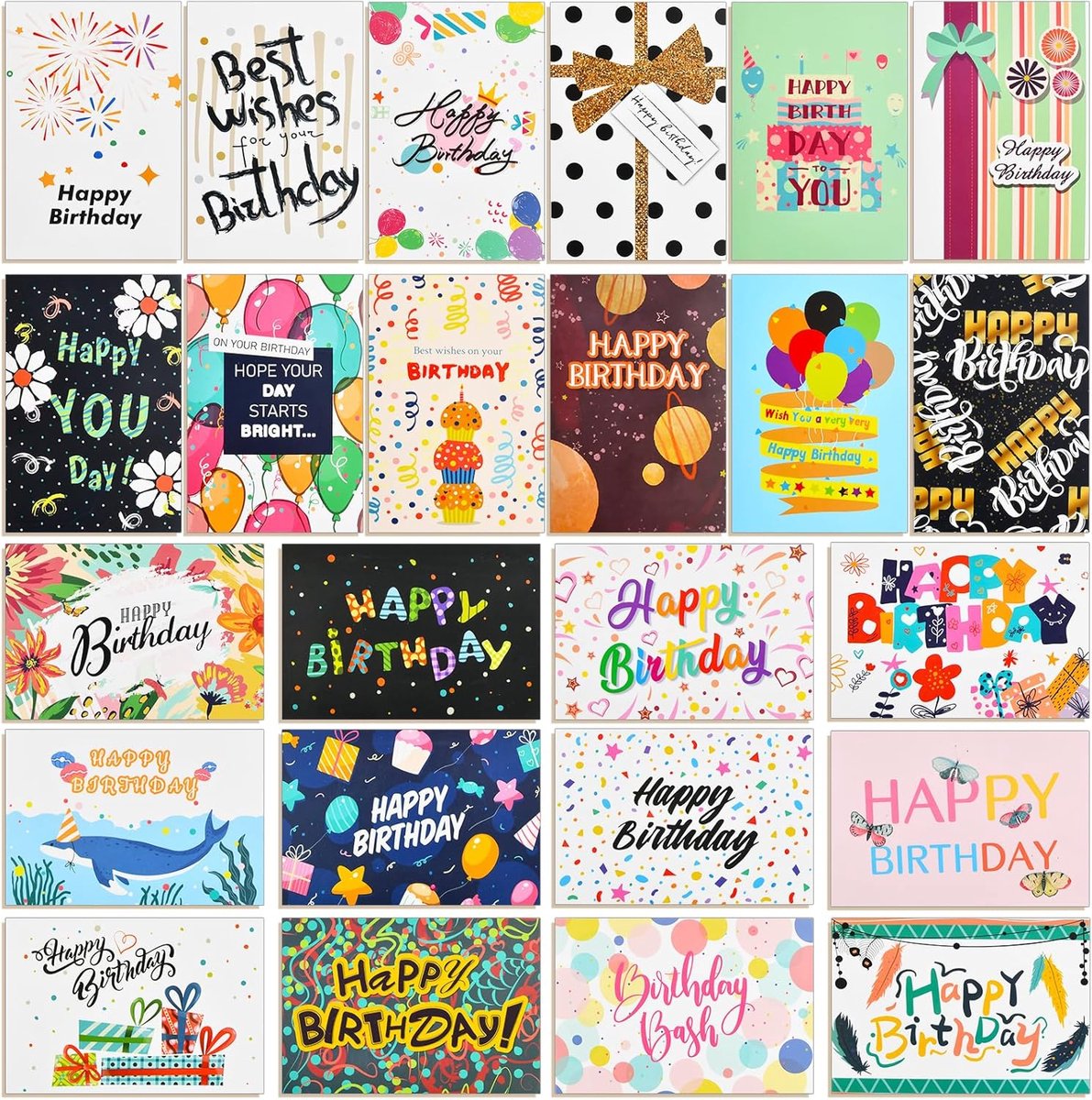 SnelShoppen - Set van 24 Kleurrijke Verjaardagskaarten met Envelop, Blanco Ansichten voor Felicitatie en Feestuitnodigingen, Papier, Zwart en Wit, Per