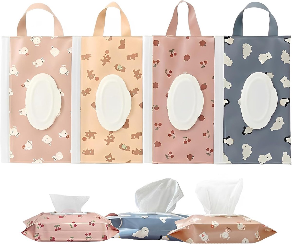 Set van 4 vochtige doekjes voor onderweg, herbruikbare vochtige doekjes box baby met draaglus en klapdeksel, draagbare - ShopVlot