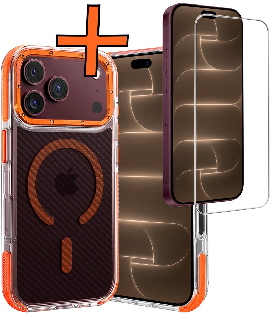 Hoes - Met Screenprotector - Geschikt voor Apple iPhone 18 Pro Max - Magsafe Compatible - Carbon Look - Sterk & Shockproof - Back Cover - Shock Proof Case - Telefoon Hoes - Oranje