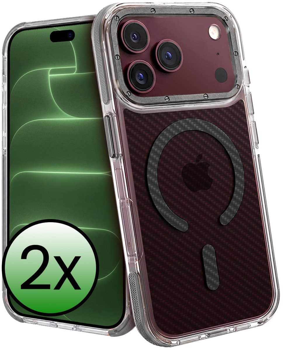 Hoesje 2 Stuks - Geschikt voor Apple iPhone 18 Pro Max - Magsafe Compatible - Carbon Look - Sterk & Shockproof - Back Cover - Shock Proof Case - Telefoon Hoes - Grijs