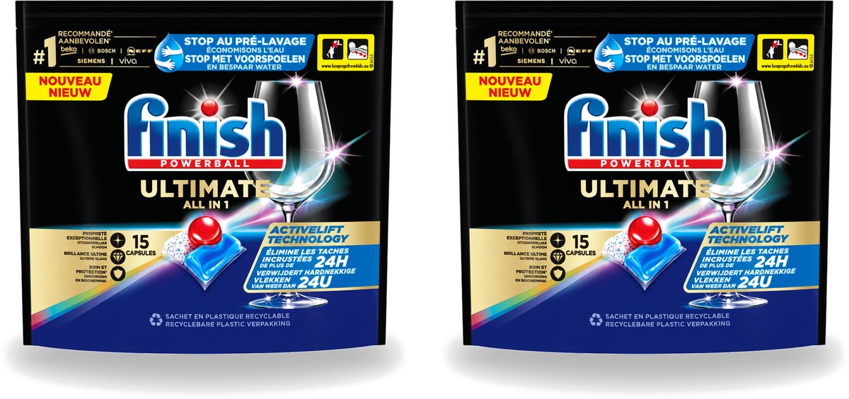 2 x Finish Powerball - Ultimate All in 1 - Vaatwastabletten - Activelift - 15 Capsules - Voordeelverpakking - 2 stuks