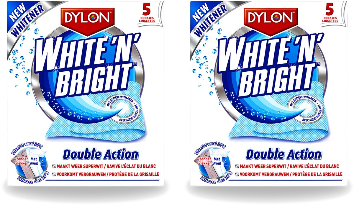 2 x Dylon - Vlekverwijderaar - White & Bright - Superwit & Vlekkeloos - 5 Doekjes - Voordeelverpakking - 2 stuks