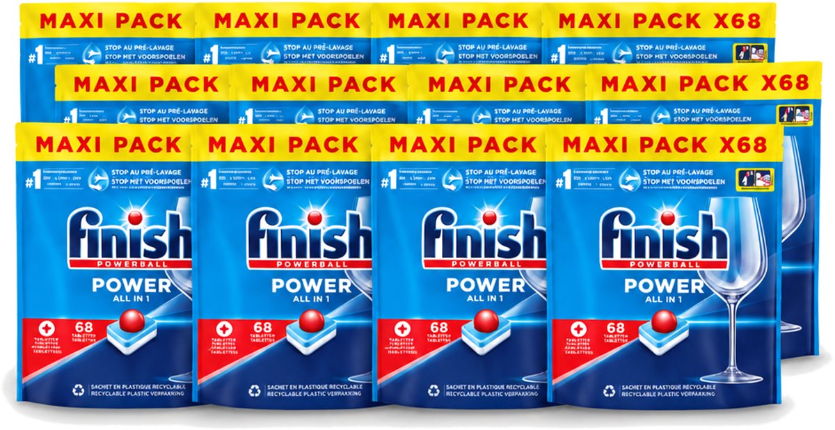 12 x Finish Powerball - Power All in 1 - Vaatwastabletten - Reiniging & Glans - 68 Tabletten - Voordeelverpakking - 12 stuks