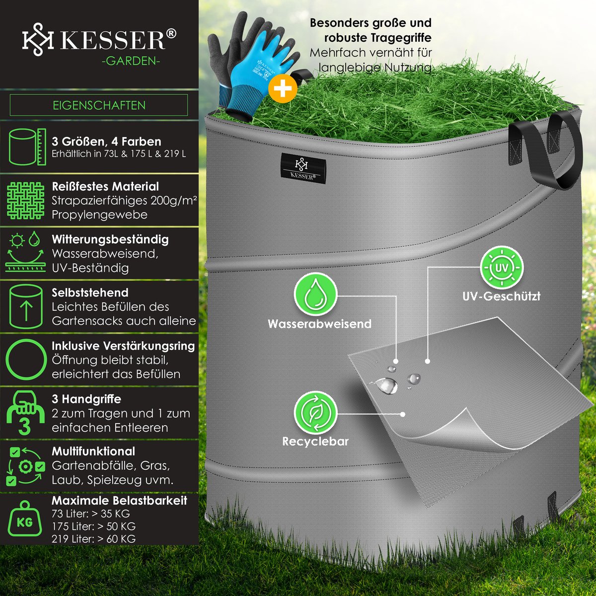 KESSER® Pop-up tuinzak 219 liter - Zelfstaand en opvouwbaar - Met handschoenen - Grijs/zwart