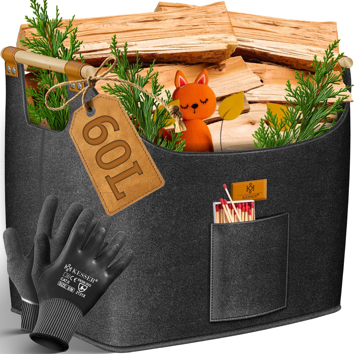KESSER® Brandhoutkorf 60 Liter - Extra dik vilt - Opvouwbaar met houten grepen - Antraciet