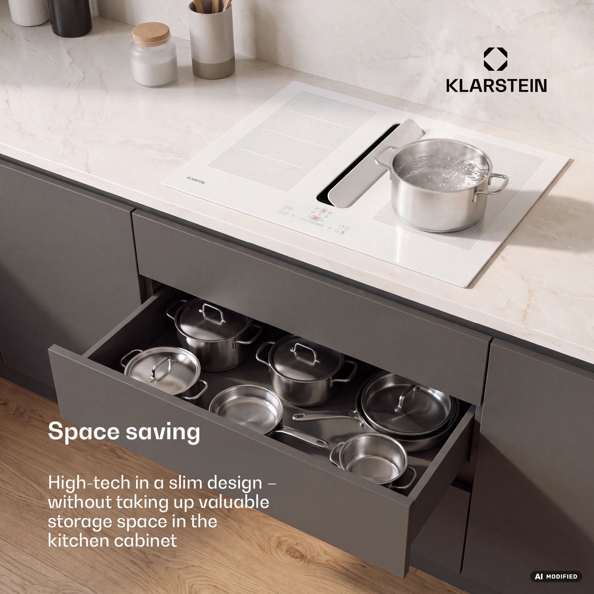 Klarstein ChefFusion inductiekookplaat met afzuiging 60 cm – 4 kookzones, 7200 W, 504,3 m³/u, flexibele kookzones, recirculatie & afvoer