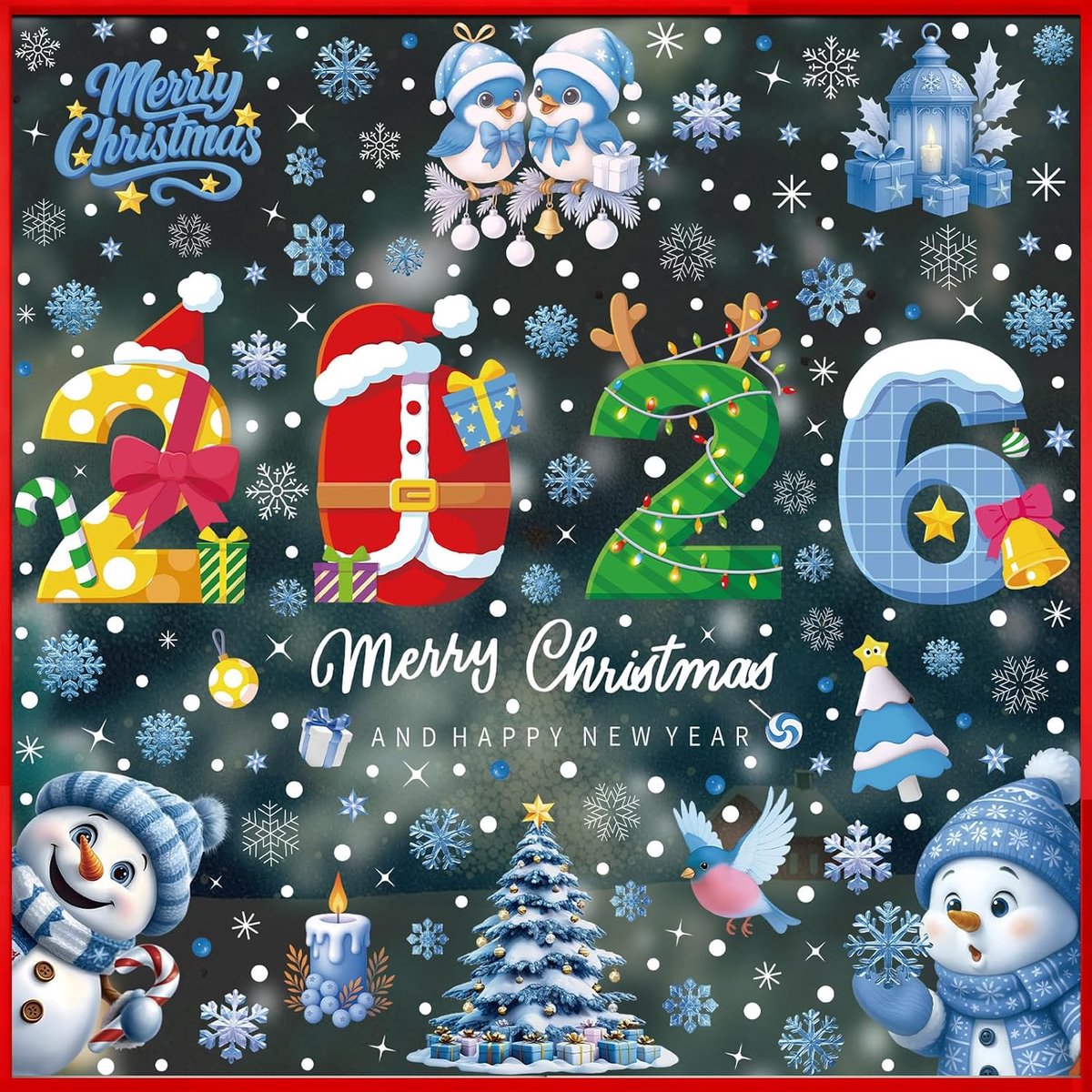 Kerstmis 2026-8 stuks, pvc, kerstdecoratie met 233 elementen, dubbelzijdige kerststickers voor ramen, 20 x 30 cm