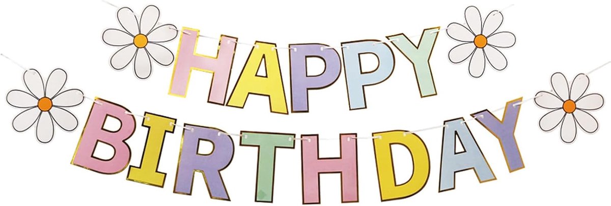 Set van 2 banners verjaardag madeliefje, slingers Happy Birthday Boheems, feestdecoratie met bloemen in wit en geel voor lente- en landelijke vieringen