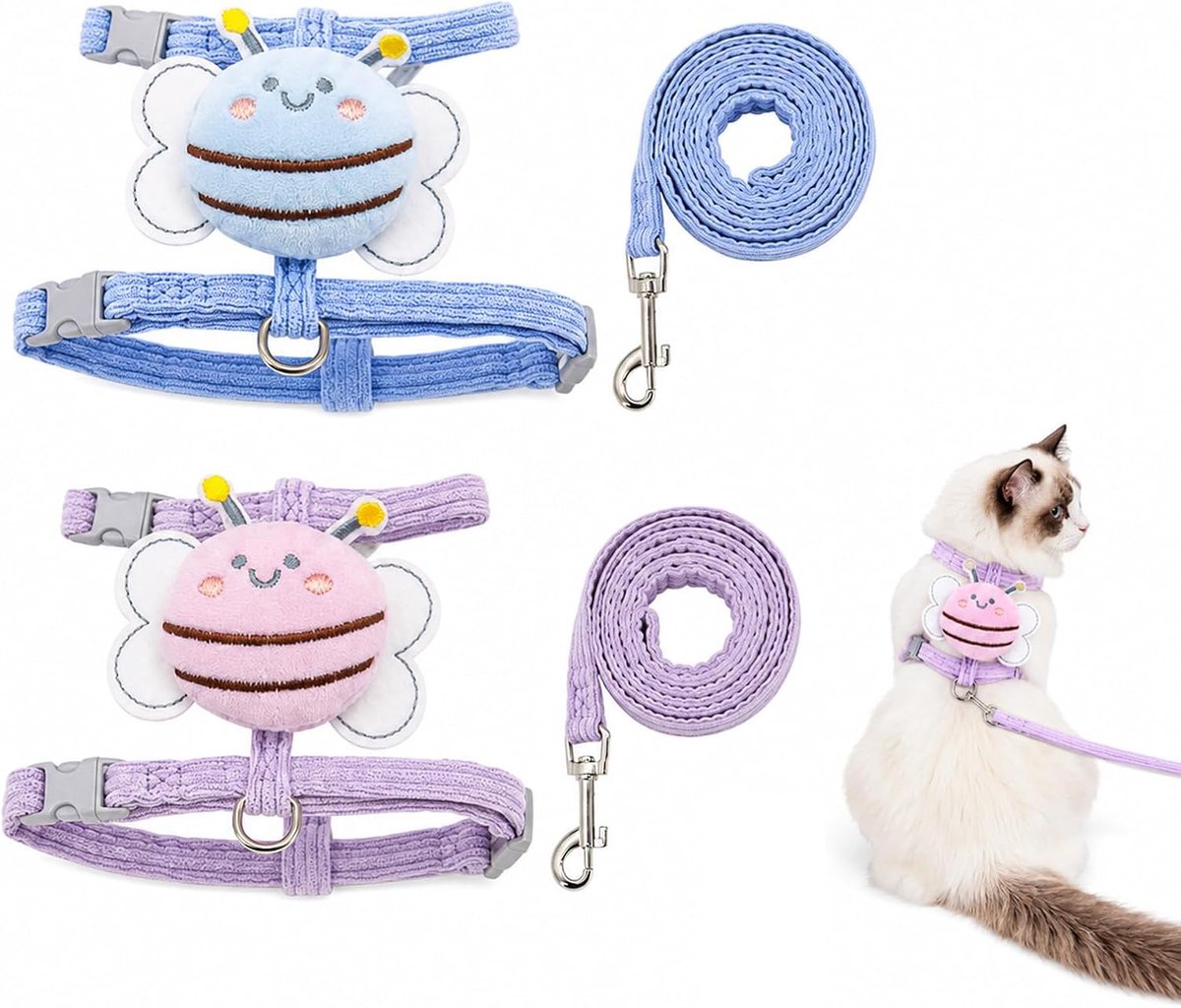 1 x kattenharnas en riem, 2 x verstelbaar veiligheidsharnas voor katten en kleine honden, geschikt voor wandelingen en training, ademend materiaal voor meer comfort