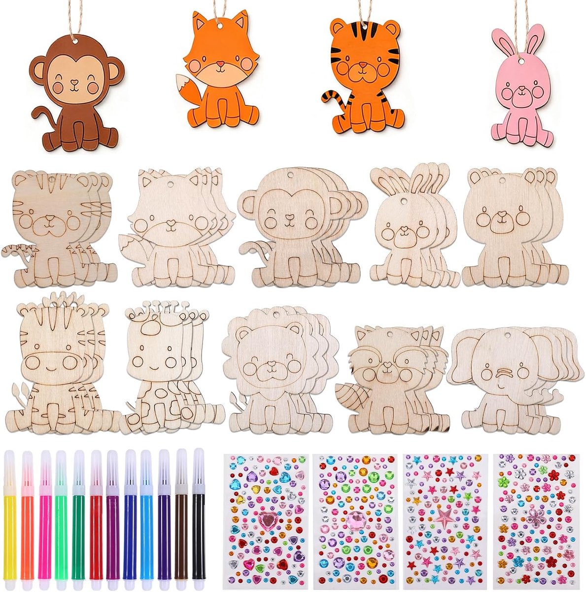 Houten figuren om te beschilderen houten dieren, houten knutselset met 12 kleurpotloden, 4 diamantstickers en 30 koorden, doe-het-zelf handwerk, cadeau voor volwassenen en