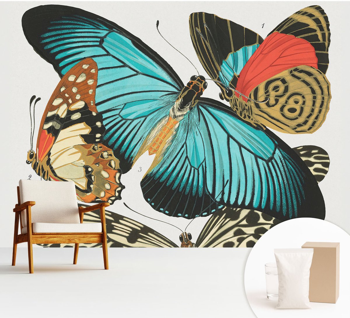 Wallfluent Fotobehang - Turkoois Vliesbehang - 312x219 cm - Kleurrijke Vlinders Muurschildering - Slaapkamer behang Dieren - Fotobehang Vlies - Gang behang