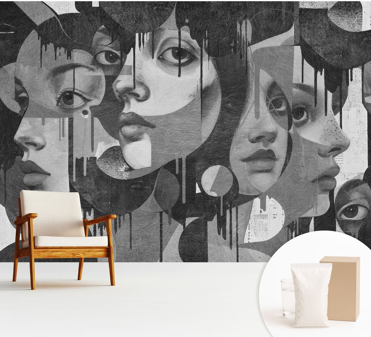 Wallfluent Fotobehang - Zwart-Wit Vliesbehang - 312x219 cm - Vrouwengezichten Muurschildering - Gang behang Deel - Fotobehang Vlies - Slaapkamer behang