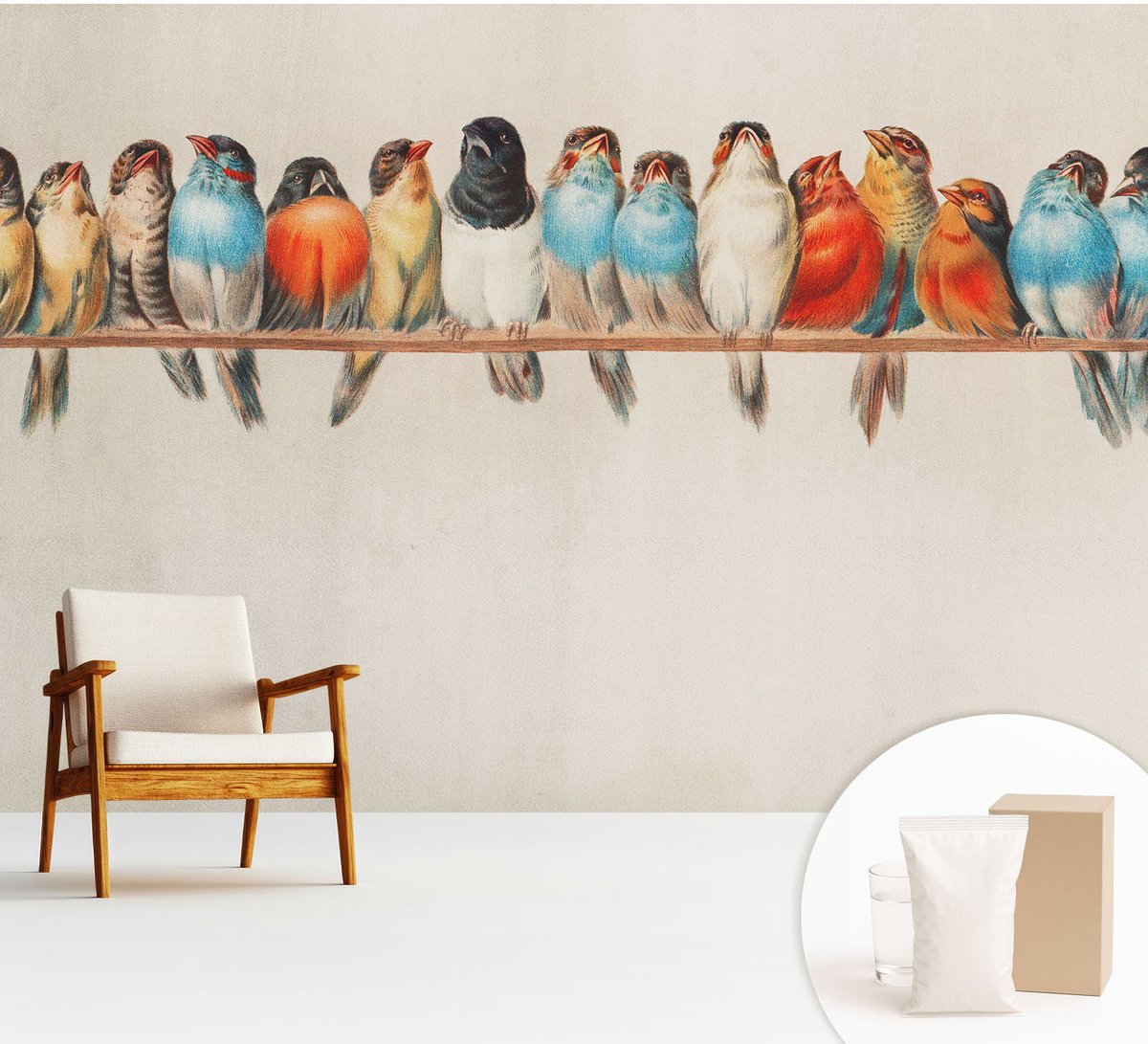 Wallfluent Fotobehang - Blauw Vliesbehang - 312x219 cm - Vogels Op Een Tak Fotobehang Vlies - Woonkamer behang Dieren - Muurschildering - Woonkamer behang