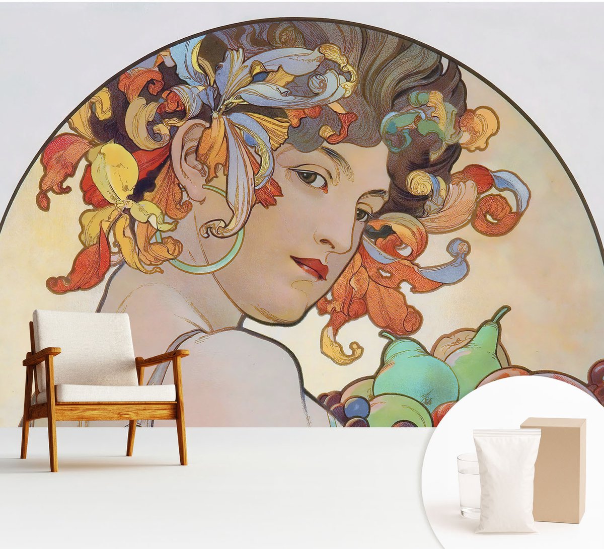 Wallfluent Fotobehang - Beige Vliesbehang - 312x219 cm - Kleurrijke Art Nouveau Fotobehang Vlies - Hal behang Deel - Muurschildering - Hal behang